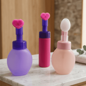Custom Colorful Empty 100ml 150ml 200ml PET Plastic Refillable Face Foam Pump Bottle with Silicone Cleansing Massage Brush