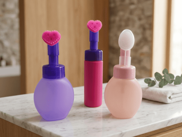 Custom Colorful Empty 100ml 150ml 200ml PET Plastic Refillable Face Foam Pump Bottle with Silicone Cleansing Massage Brush