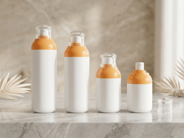 Orange Cap White Body Empty Round Shoulder Lotion Dispenser Cosmetic Bottle Set