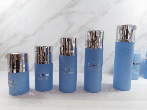 Custom Matte Sky Blue Empty Round Airless Pump Serum Cosmetic Bottle Set