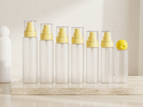 Custom Frosted PET Empty Round Yellow Mist Sprayer Cosmetic Spray Bottle