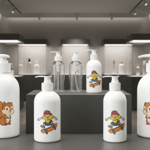 Empty Refillable White Plastic Lotion Pump Bottle With Custom Cartoon Printing For Kids Hand Wash Shampoo Body Wash Bottle