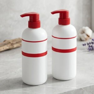 500ml PET Round Lotion Pump Bottle with Red Decorative Ring – Cosmetic Packaging for Body Lotion, Shampoo, Hand Soap